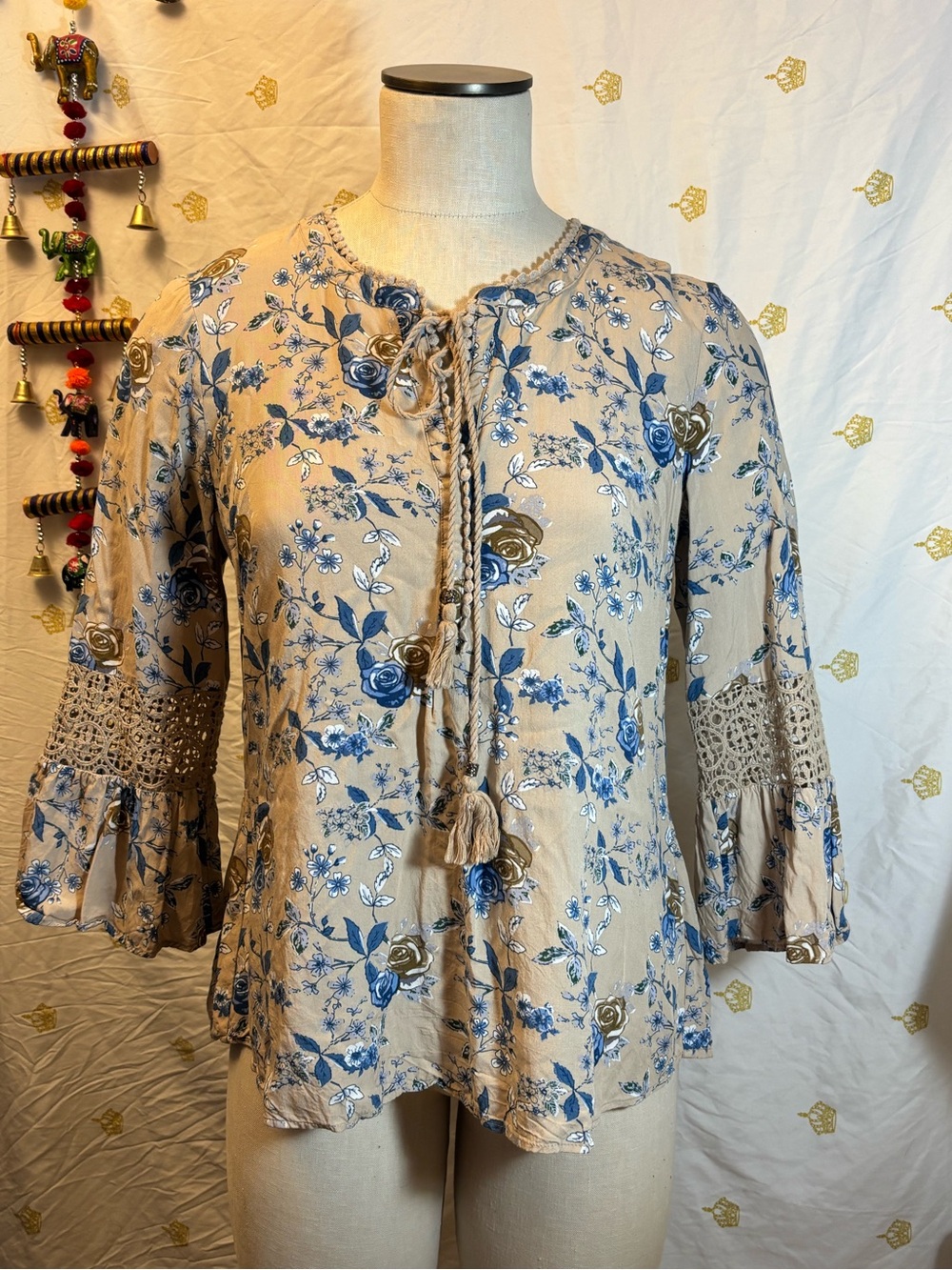 DR2 Beige Floral Tie-Front Blouse with Blue Rose Print